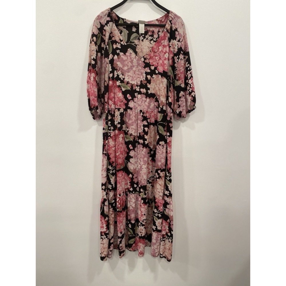 H&M maxi dress black and pink hydrangea floral print Cottagecore size medium - Picture 8 of 16